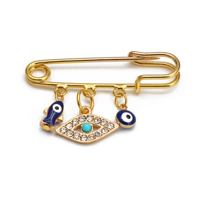 Lucky Eye Fatima Hamsa Hand Blue Turc Evil Eye Broșă Pin Broșă de farmec din aliaj de culoare aurie pentru femei bărbați bijuterii de modă BE102