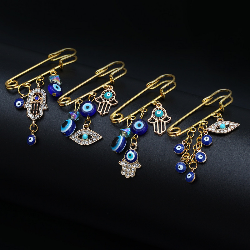 Lucky Eye Fatima Hamsa Hand Blue Turc Evil Eye Broșă Pin Broșă de farmec din aliaj de culoare aurie pentru femei bărbați bijuterii de modă BE102