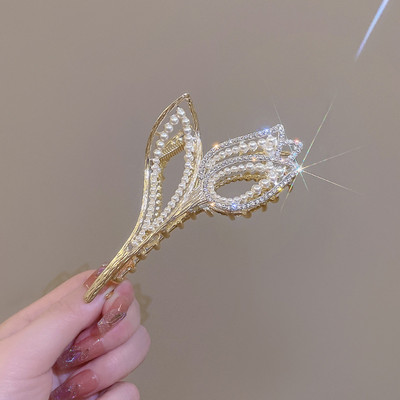 Agrafe mari pentru gheare de păr, din metal, auriu, pentru femei, cleme cu flori de perle, cleme cu gheare cu strasuri, accesorii pentru păr pentru fete.