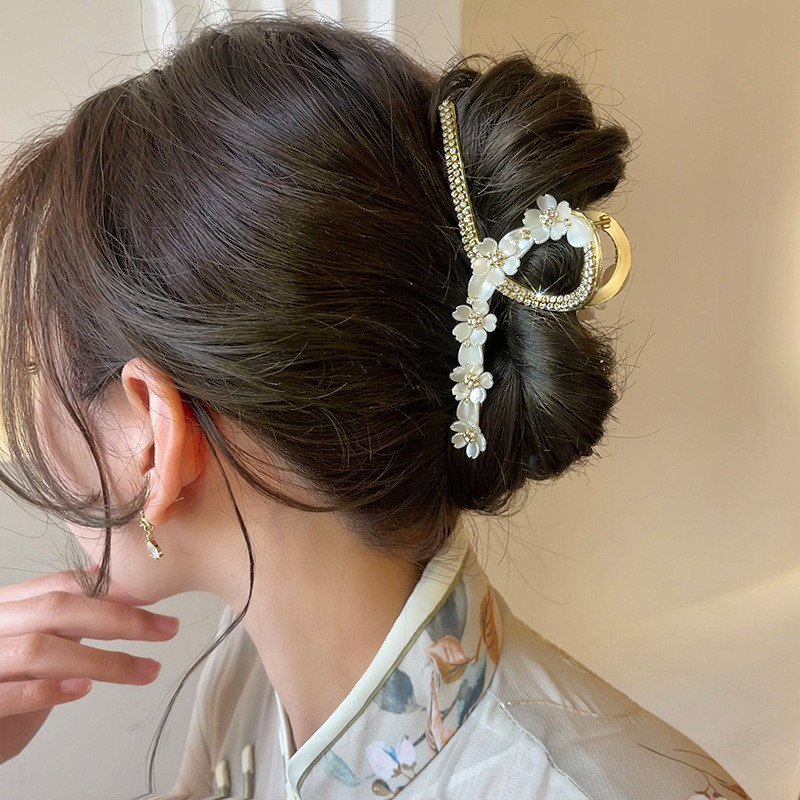 Agrafe mari pentru gheare de păr, din metal, auriu, pentru femei, cleme cu flori de perle, cleme cu gheare cu strasuri, accesorii pentru păr pentru fete.