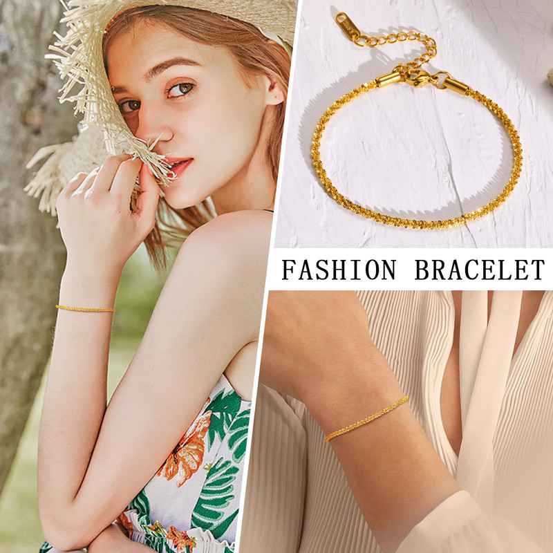 Chic Gypsophila lančić za gležnjeve za žene, novo u zlatnoj boji od nehrđajućeg čelika, sjajni lančić s upletenim karikama s podesivim gležnjačama s žigom