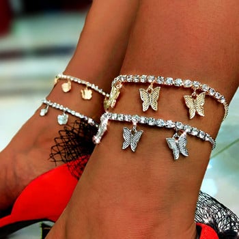 INS Fashion Butterfly Glezen Rhinestone Tennis Chain Foot Chain Jewelry for Women Summer Beach Anklet Butterfy Barefoot Chain