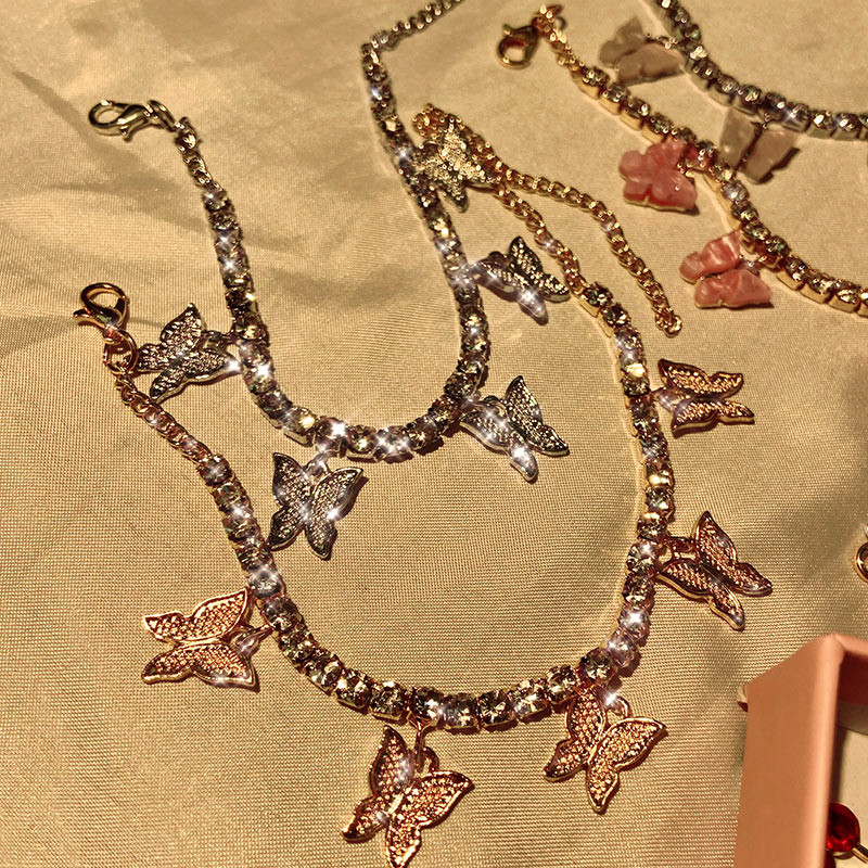 INS Fashion Fluture gleznă cu strasuri de tenis Lanț pentru picioare Bijuterii pentru femei Vară plajă gleznă fluture Lanț desculț