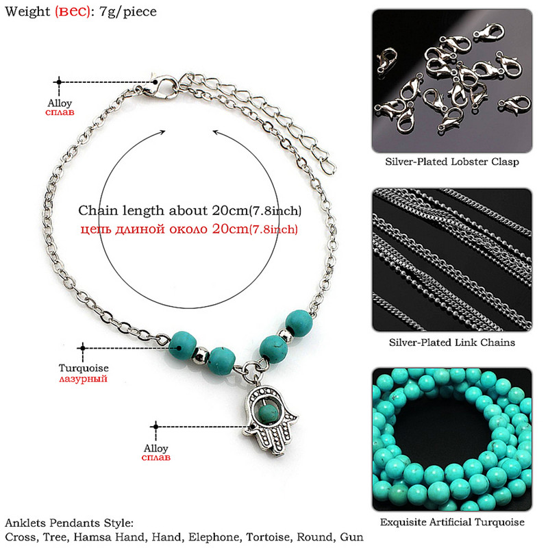 Bohemian Beach Tirkizne narukvice za gležnjeve za žene Ljupke Fatima ruke/drvo/križ privjesak Narukvice za gležnjeve Djevojačke noge Lanac Accesoires