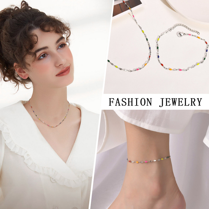 Brățară de gleznă de vară cu mărgele de bomboane, gleznă boemă din dantelă pentru femei, gleznă de plajă din oțel inoxidabil