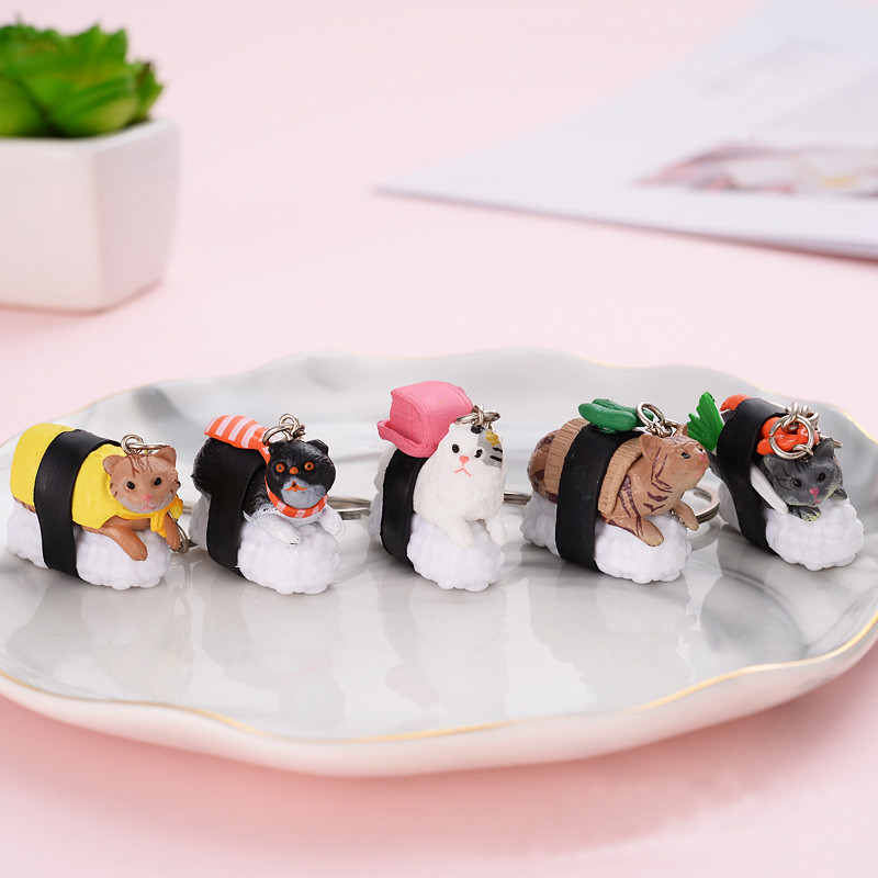 Új japán étel aranyos rajzfilm PVC macska és sushi férfi kulcstartó autós autó kulcstartó fém kulcstartó kulcstartó medál ékszer