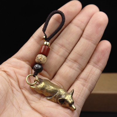 Alamă pură drăguț câine Corgi breloc pandantiv vintage metal cupru zodaic animal dormit cățeluș figurine breloc agățat bijuterii