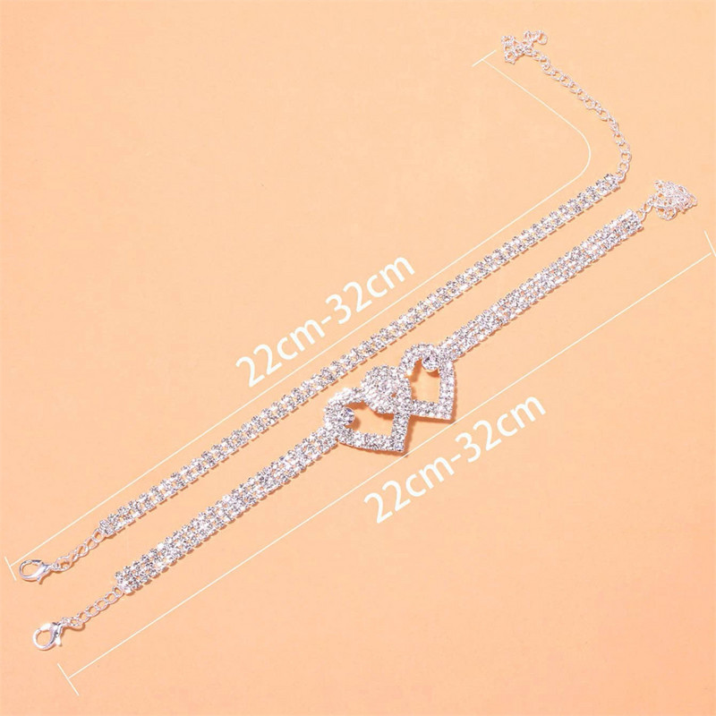 Narukvica za gležanj s umetnutim dvostrukim srcem i kristalima Srebrna boja Nakit za gležanj za žene Ljetna zabava na plaži Barefoot Lanac na nozi