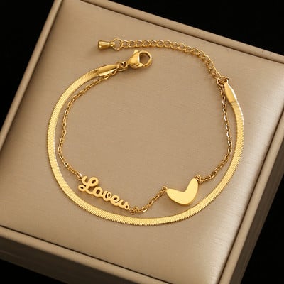 Luxury Famous Brand Jewelry Double Heart Letter LOVE Anklet Women Gold Color Stainless Steel Ladies Jewelry Not Fade
