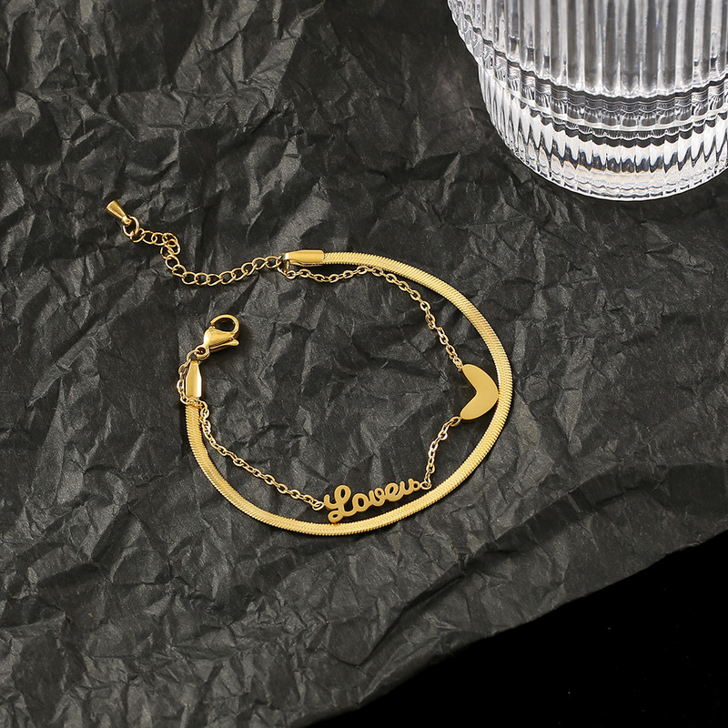 Prabangūs garsaus prekės ženklo papuošalai su dviguba širdies raide LOVE kulkšnies moteriai aukso spalvos nerūdijančio plieno moteriški papuošalai, neišblunkantys