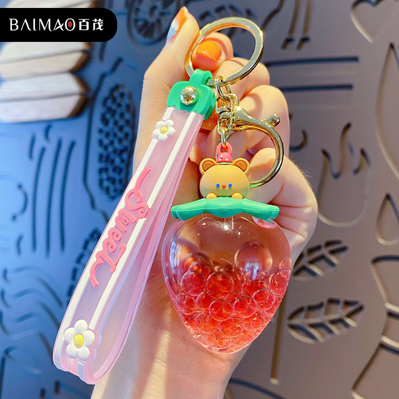 Dulci căpșuni cremă fructe ceașcă breloc acrilic lichid în mișcare nisip mișcător roz mărgele breloc femei geanta pandantiv breloc cadou