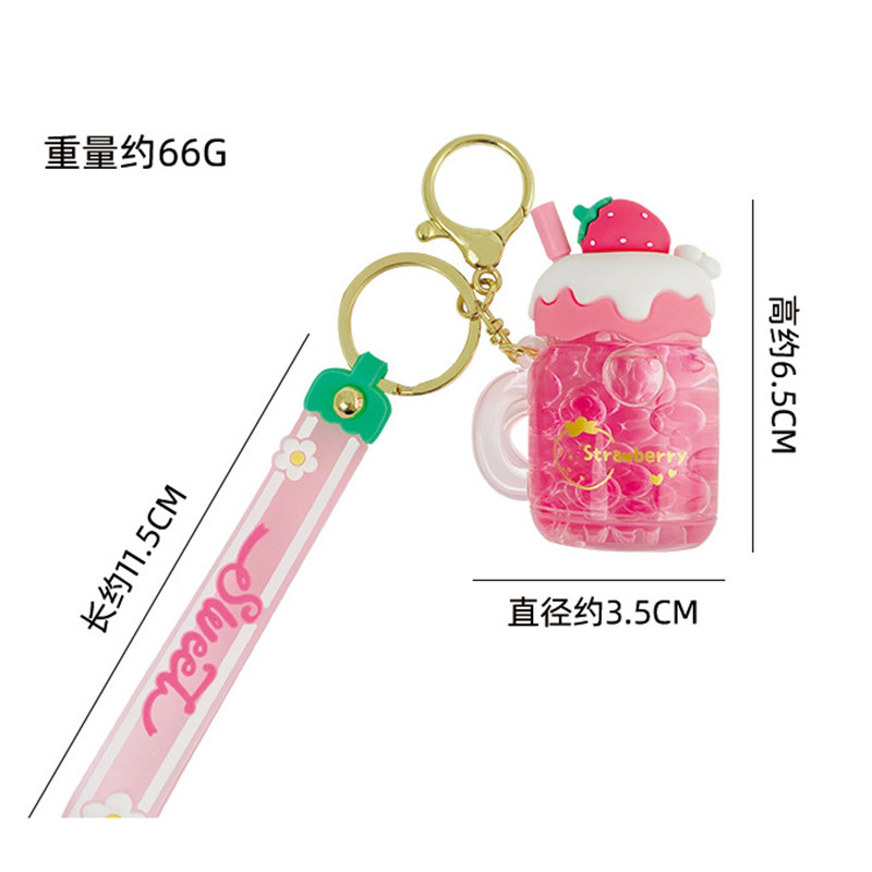 Dulci căpșuni cremă fructe ceașcă breloc acrilic lichid în mișcare nisip mișcător roz mărgele breloc femei geanta pandantiv breloc cadou