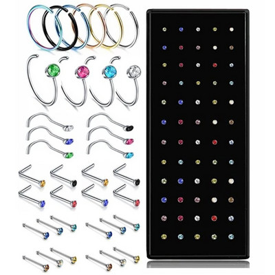 40/60PCS Crystal Stud Ring Ring Set από ανοξείδωτο ατσάλι 1,8mm Σετ κρίκου μύτης Lshape Indian Nose Stud Pack Piercing Nariz Hoop Jewelry