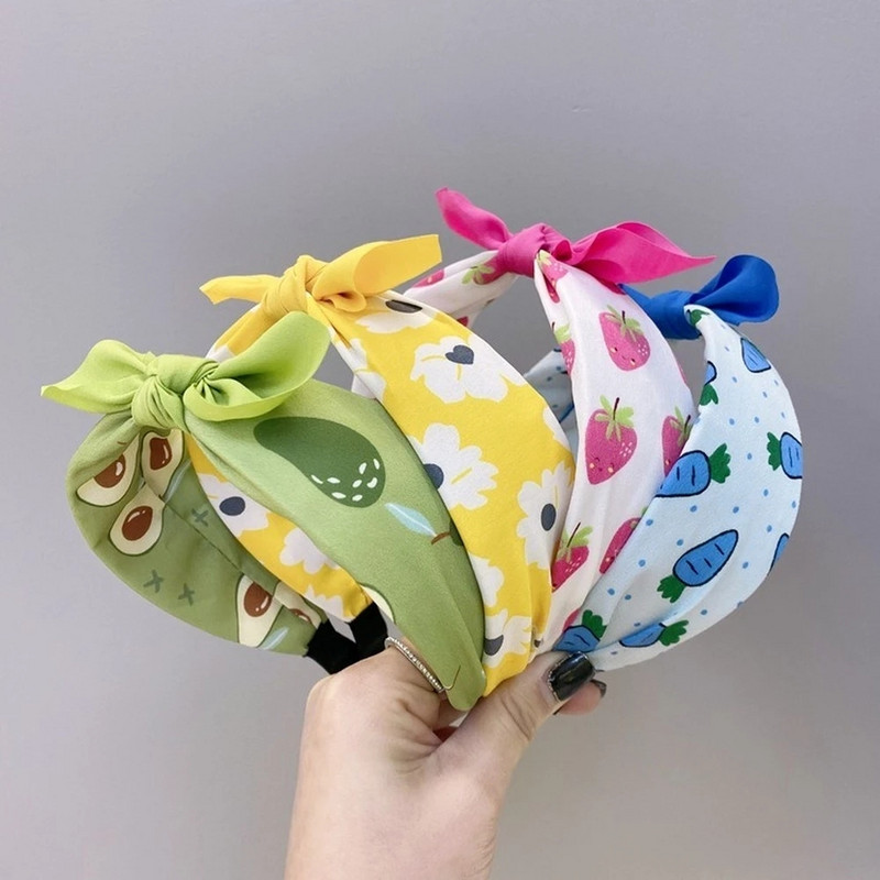 Fată de modă bentiță din țesătură cu flori și fructe, noua culoare drăguță, cu fundă, cu margine largă, bentita din burete, accesorii pentru păr pentru femei