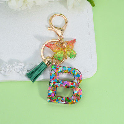 Breloc cu scrisori umplut cu paiete, inimă colorată, cu ciucuri verzi, brelocuri pentru poșete pentru femei, AZ 26 inițiale, brelocuri cu pandantiv fluture