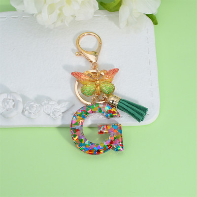 Breloc cu scrisori umplut cu paiete, inimă colorată, cu ciucuri verzi, brelocuri pentru poșete pentru femei, AZ 26 inițiale, brelocuri cu pandantiv fluture