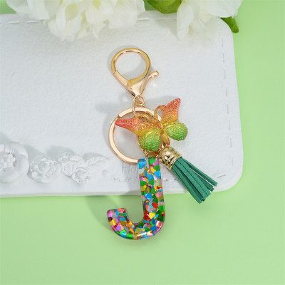 Breloc cu scrisori umplut cu paiete, inimă colorată, cu ciucuri verzi, brelocuri pentru poșete pentru femei, AZ 26 inițiale, brelocuri cu pandantiv fluture
