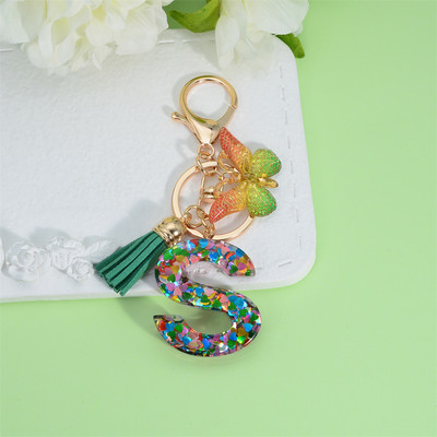 Breloc cu scrisori umplut cu paiete, inimă colorată, cu ciucuri verzi, brelocuri pentru poșete pentru femei, AZ 26 inițiale, brelocuri cu pandantiv fluture