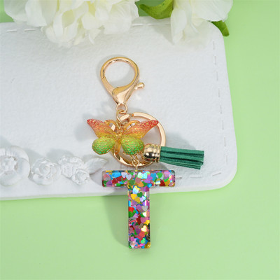 Breloc cu scrisori umplut cu paiete, inimă colorată, cu ciucuri verzi, brelocuri pentru poșete pentru femei, AZ 26 inițiale, brelocuri cu pandantiv fluture