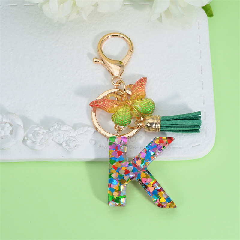 Breloc cu scrisori umplut cu paiete, inimă colorată, cu ciucuri verzi, brelocuri pentru poșete pentru femei, AZ 26 inițiale, brelocuri cu pandantiv fluture