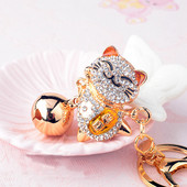 Aranyos kristály kulcstartó női ötvözet nagy harang strassz Japán Lucky Cat autó kulcstartó lány táska medál ékszer kulcstartó állat