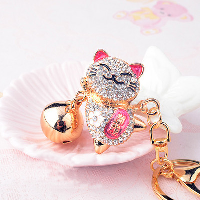 Aranyos kristály kulcstartó női ötvözet nagy harang strassz Japán Lucky Cat autó kulcstartó lány táska medál ékszer kulcstartó állat
