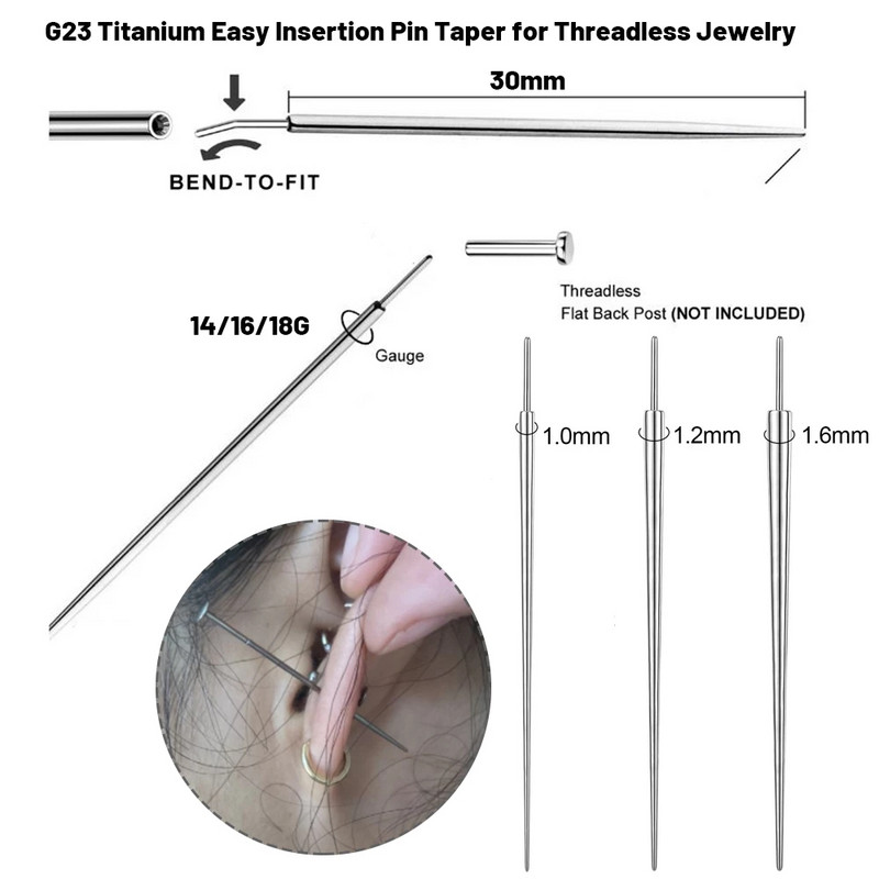 ZS 14/16/18G G23 Titan Insertion Pin Taper pentru bijuterii fără fir Piercing nariz Taper Push in Cercei Instrument pentru piercinguri corporale