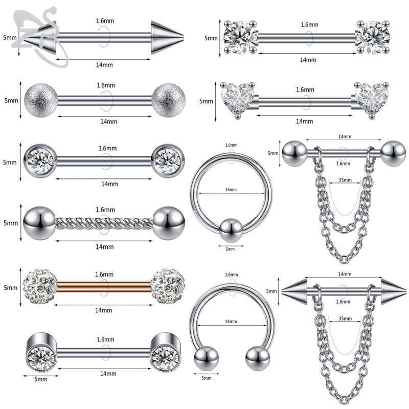 ZS 2 buc. Piercing pentru mamelon din cristal inimă, negru, trandafir, culoare aur, ciucuri, picătură din oțel inoxidabil, inel pentru mamelon, bijuterii pentru piercing pentru corp 14G