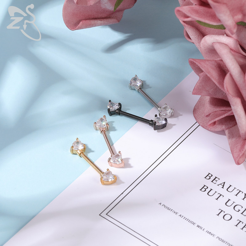 ZS 2 buc. Piercing pentru mamelon din cristal inimă, negru, trandafir, culoare aur, ciucuri, picătură din oțel inoxidabil, inel pentru mamelon, bijuterii pentru piercing pentru corp 14G