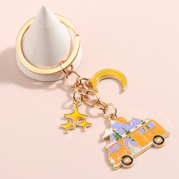 Μπρελόκ εμαγιέ Moon Star Sightseeing Bus Key Ring Camping Μπρελόκ για Camper Χειροποίητα κοσμήματα Δώρα