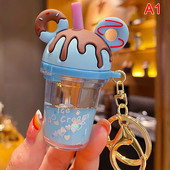 Kreslená kľúčenka Mickey Mouse s roztomilou šiškou, mliečnym čajom, tekutým pieskom, flitrovaným príveskom na kľúče, príveskom do auta pre ženy