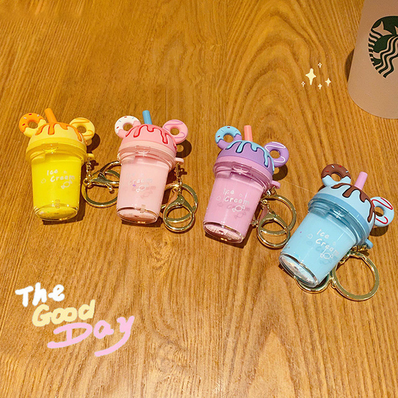 Kreslená kľúčenka Mickey Mouse s roztomilou šiškou, mliečnym čajom, tekutým pieskom, flitrovaným príveskom na kľúče, príveskom do auta pre ženy