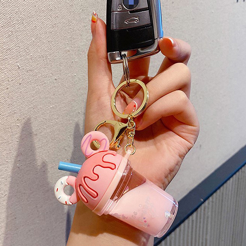 Kreslená kľúčenka Mickey Mouse s roztomilou šiškou, mliečnym čajom, tekutým pieskom, flitrovaným príveskom na kľúče, príveskom do auta pre ženy