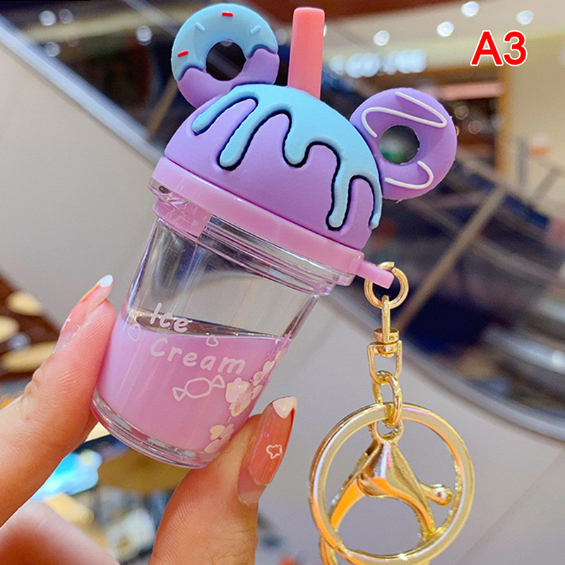 Kreslená kľúčenka Mickey Mouse s roztomilou šiškou, mliečnym čajom, tekutým pieskom, flitrovaným príveskom na kľúče, príveskom do auta pre ženy