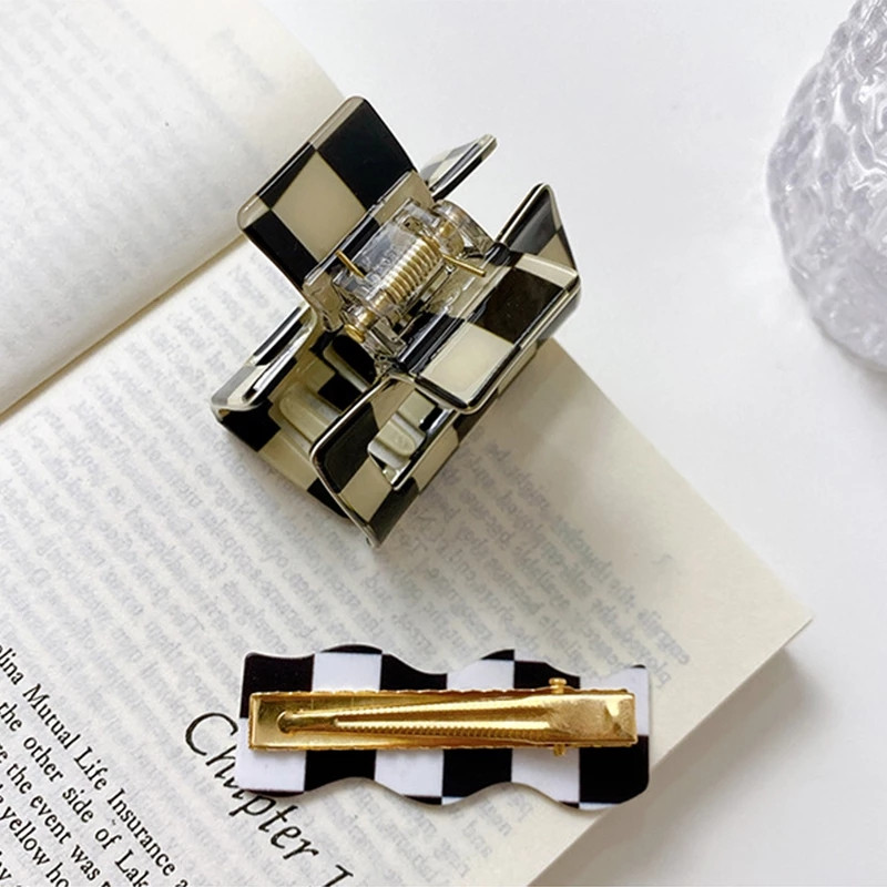 Nová kórejská dievčenská sladká sponka do vlasov, dámska vynikajúca akrylová štvorcová kockovaná sponka do vlasov do kúpeľa