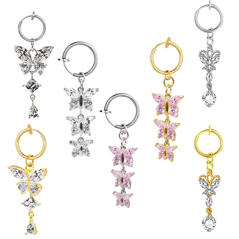 1 buc Inel pentru buric fals cu fluture Clip de piercing pentru buric fals pe ombilical Clip pentru cercei pentru cartilaj fals pentru buric