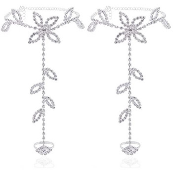 Stonefans Summer 2Pcs Set Rhinestone Leaf Finger Glezen за жени Луксозен сребърен цвят Leaf Hand Harness Гривна Бижута Подарък