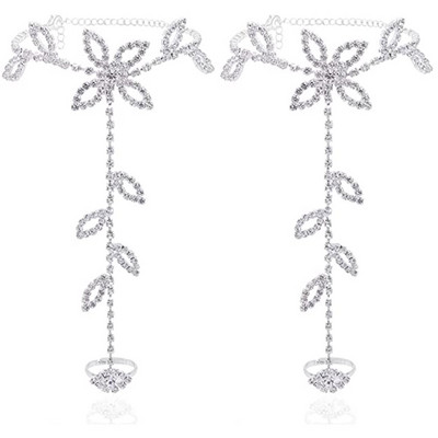 Stonefans Summer 2Pcs Set od vještačkih dijamanata Leaf Finger Anklet za žene Luksuzna srebrna boja Leaf Ručni pojas Narukvica Nakit Poklon