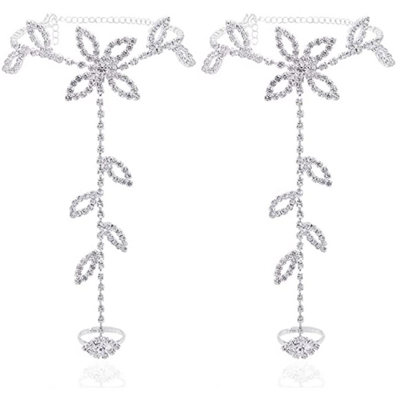 Stonefans Summer 2Pcs Set od vještačkih dijamanata Leaf Finger Anklet za žene Luksuzna srebrna boja Leaf Ručni pojas Narukvica Nakit Poklon