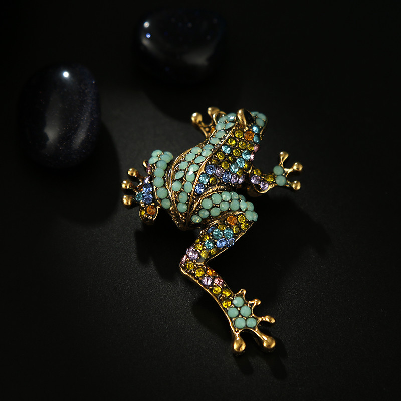 Broșă broască nouă cu strasuri, ace de animale vii, design ochelari complet, material din aliaj, culoare verde, bijuterii pentru femei și bărbați