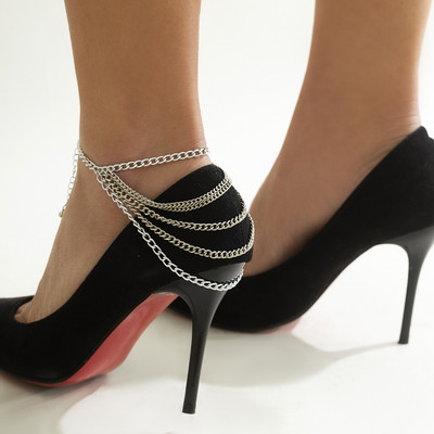 1 bucată Hip Hop cu mai multe straturi ciucuri cu lanț de metal gleznele pentru femei, geometrie exagerate, pantofi cu toc înalt, lanțuri, bijuterii pentru picioare