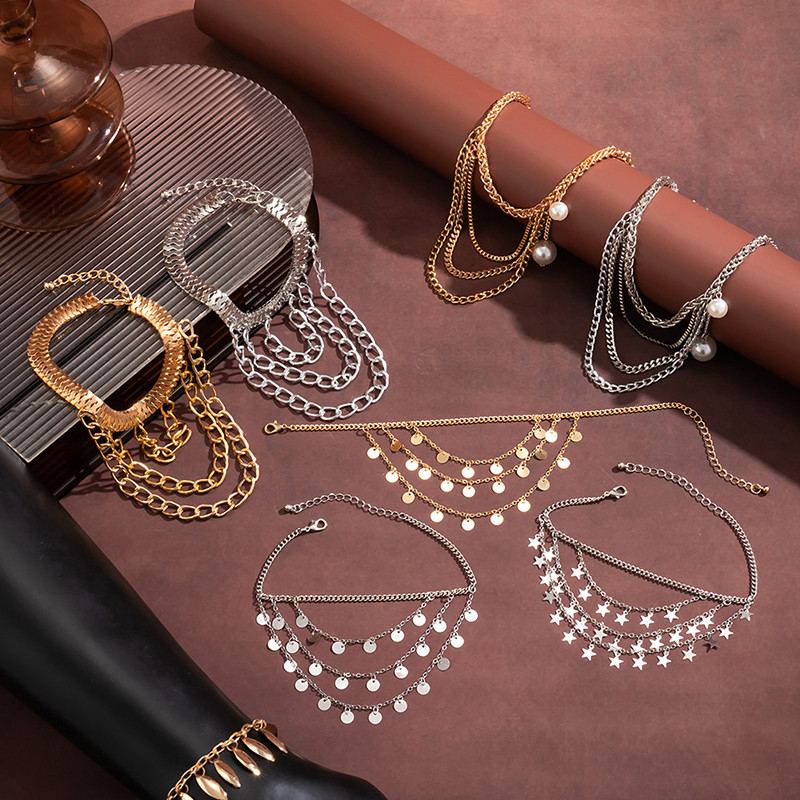 1 bucată Hip Hop cu mai multe straturi ciucuri cu lanț de metal gleznele pentru femei, geometrie exagerate, pantofi cu toc înalt, lanțuri, bijuterii pentru picioare