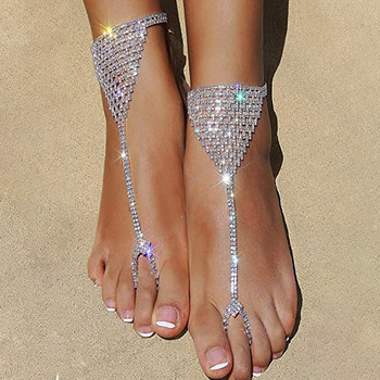 Stonefans Boho Rhinestone Finger Anklet Toe Chain Бижута за жени 2бр. Плажни анкети за боси крака Сандали Бижута за крака Аксесоари