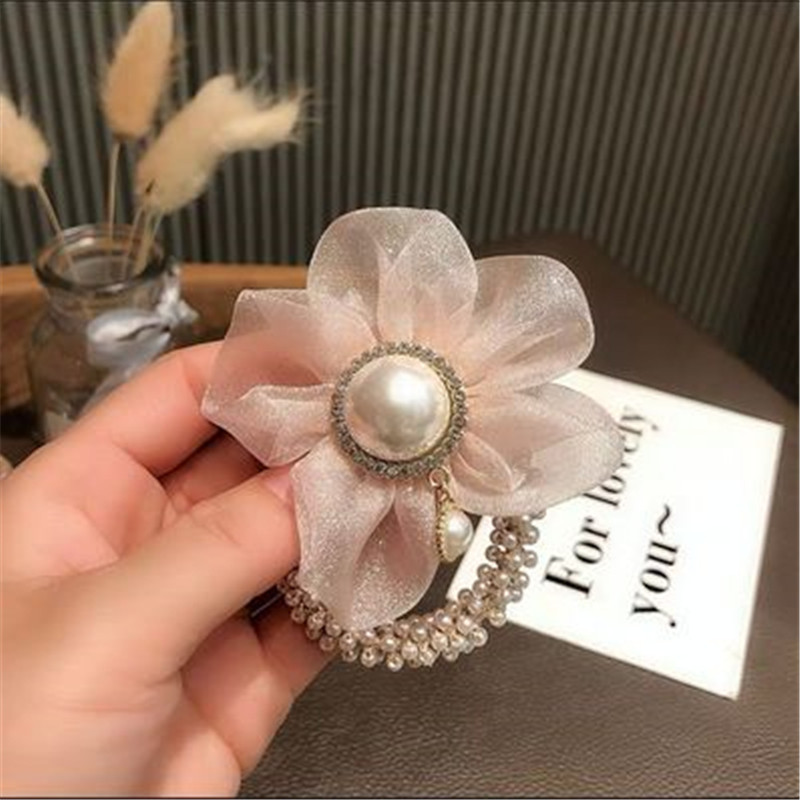 Moda doamnelor cu flori cu perle brățară cravată de păr inel elegant de păr coadă de cal elastic pentru cap frânghie banda de păr pentru fete accesorii pentru păr