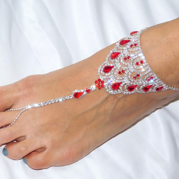 Stonefans Ruby Red Crystal Anklet Rhinestone Foot Chain for Women Boho Rhinestone Finger Toe Anklet Barefoot Sandal Foot Jewelry