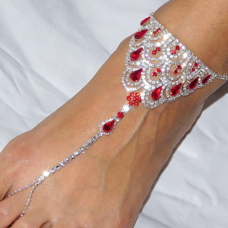 Stonefans Ruby Red Crystal Anklet Kalnų krištolas pėdų grandinėlė moterims Boho Kalnų krištolinio piršto kojos kulkšnies basomis basutėmis pėdų papuošalai