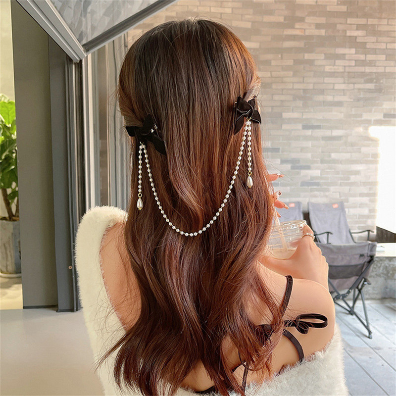 Nauji kutai Elegant Vintage Bow Pearl Grandininiai plaukų segtukai Saldūs plaukai Dekoruokite galvos juosteles Plaukų segtukai madingiems plaukų aksesuarams papuošalai