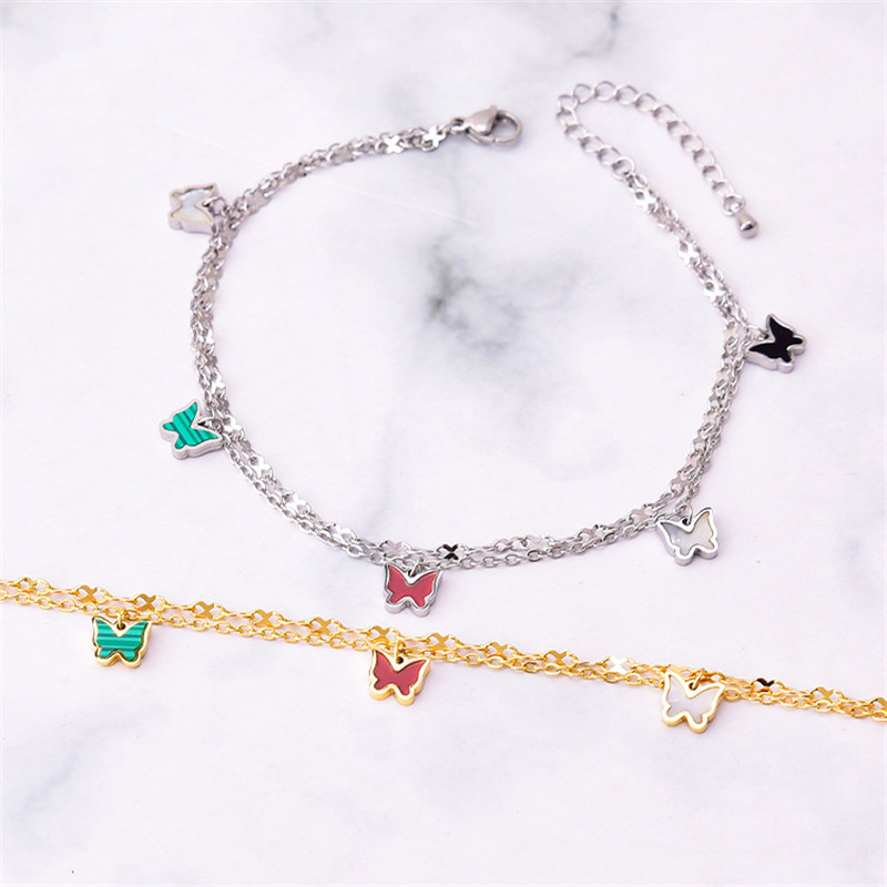 Bijuterii de modă noi din oțel inoxidabil 316L 2 straturi încorporate în cochilii naturale Agățați 5 fluturi gleznele cu lanț de farmec pentru femei