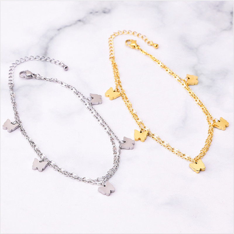 Bijuterii de modă noi din oțel inoxidabil 316L 2 straturi încorporate în cochilii naturale Agățați 5 fluturi gleznele cu lanț de farmec pentru femei