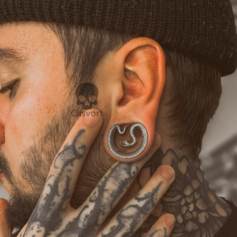 Casvort 2 bucăți șai șarpe din oțel inoxidabil 316, calibre pentru urechi, tuneluri de piercing, calibre pentru șa, bijuterii pentru piercing pentru corp